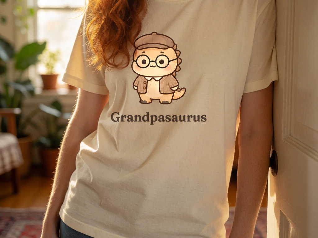 Personalized Grandpa dinosaur name t-shirt worn by model, cottagecore