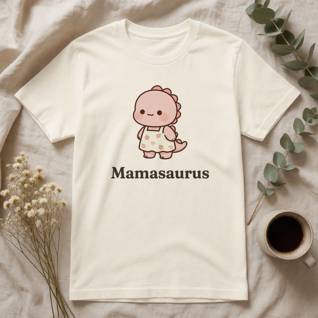 Personalized Mama dinosaur name t-shirt flat-lay
