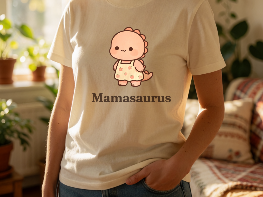 Personalized Mama dinosaur name t-shirt worn by model, cottagecore