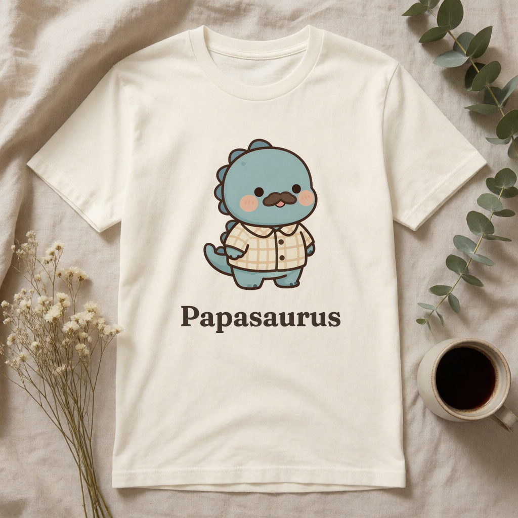 Personalized Papa dinosaur name t-shirt flat-lay