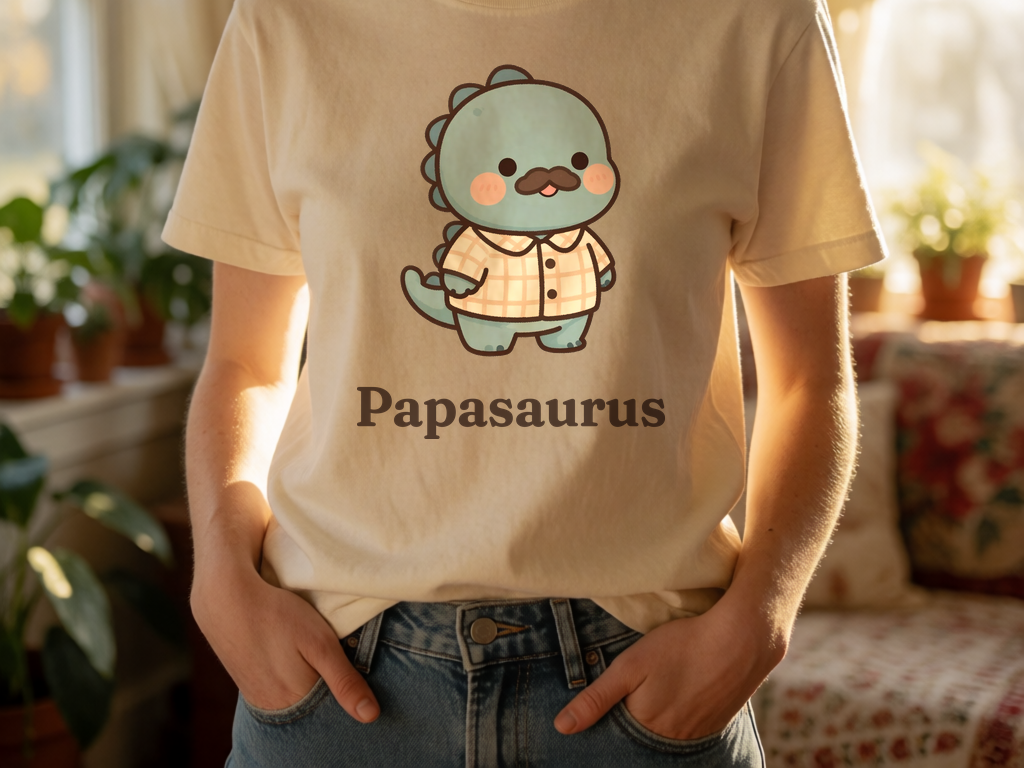 Personalized Papa dinosaur name t-shirt worn by model, cottagecore