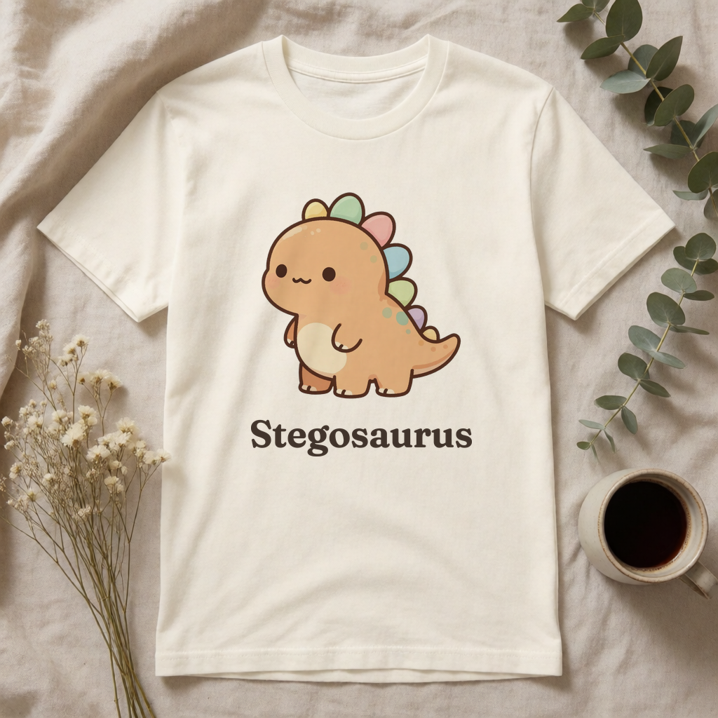 Personalized Stegosaurus dinosaur name t-shirt flat-lay