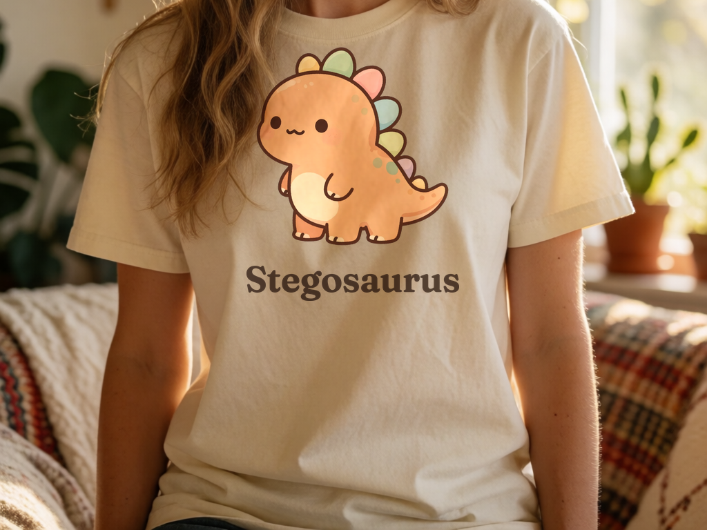 Personalized Stegosaurus dinosaur name t-shirt worn by model, cottagecore