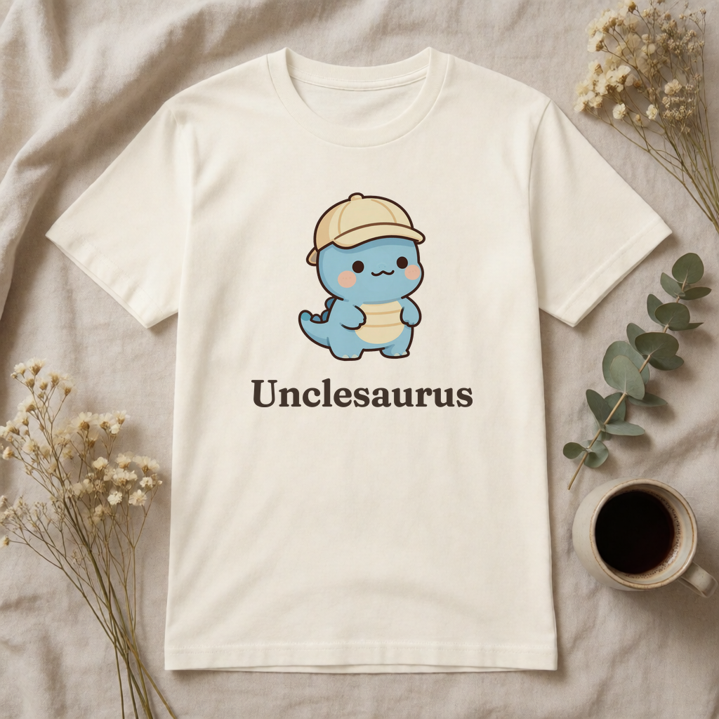 Personalized Uncle dinosaur name t-shirt flat-lay