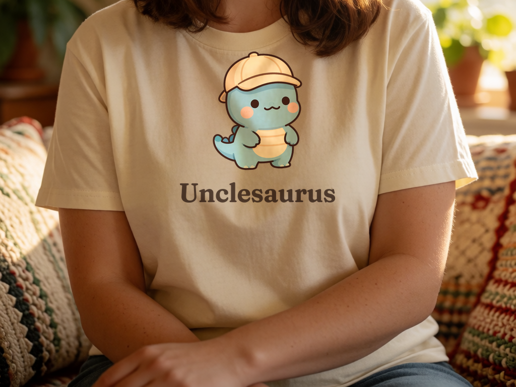 Personalized Uncle dinosaur name t-shirt worn by model, cottagecore