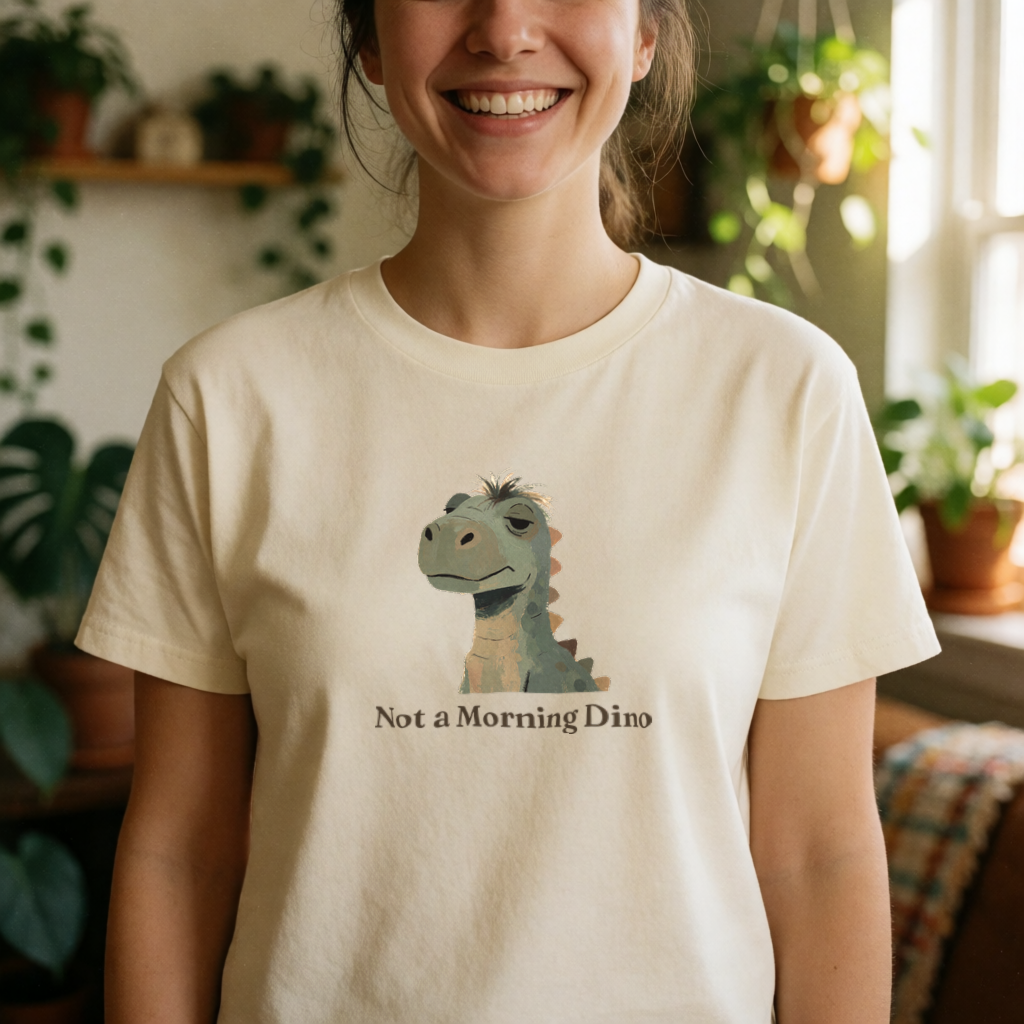 Not a Morning Dino dinosaur tee on model