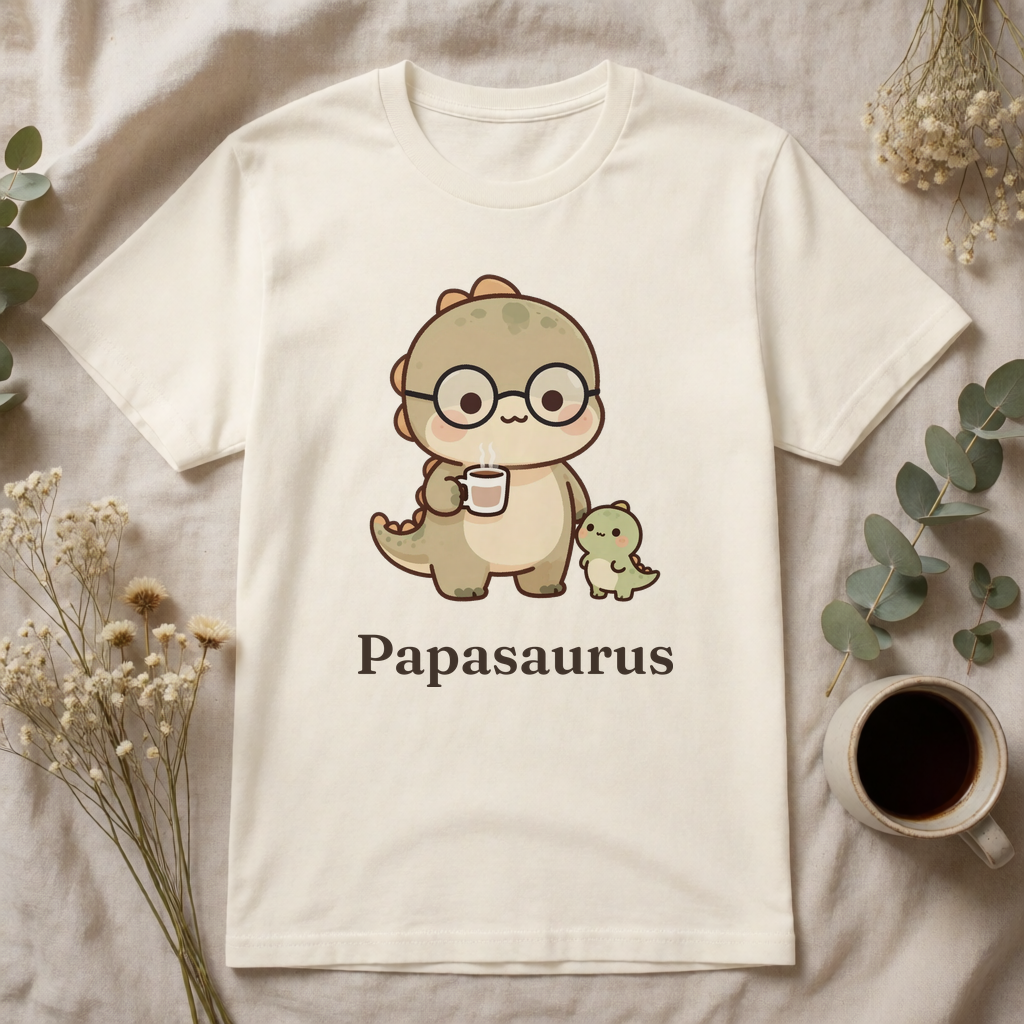 Papasaurus dad dinosaur t-shirt flat-lay
