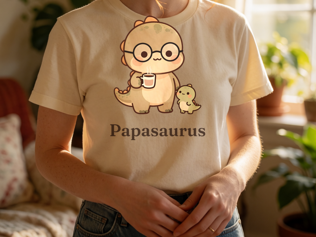 Papasaurus dad dinosaur t-shirt worn by model, cottagecore