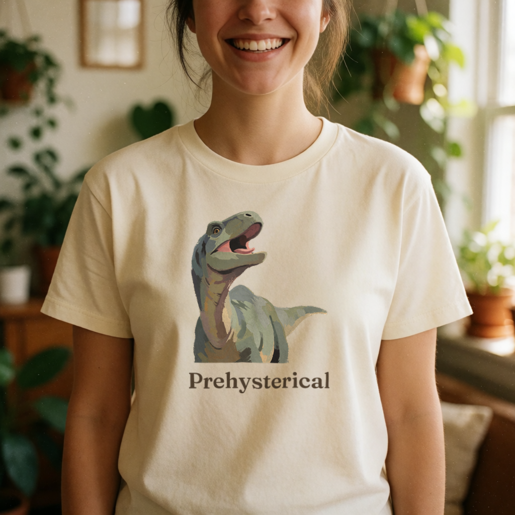 Prehysterical dinosaur tee on model