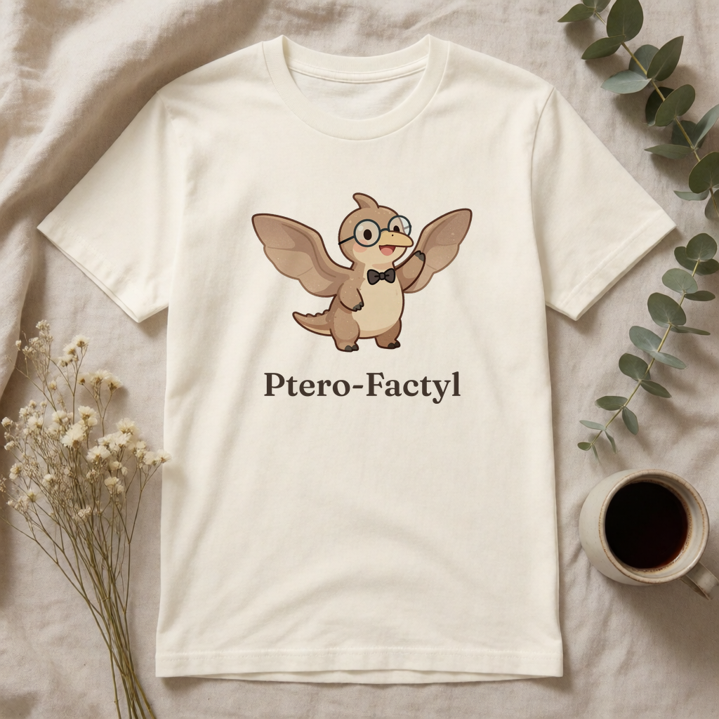 Ptero-Factyl pterodactyl t-shirt flat-lay