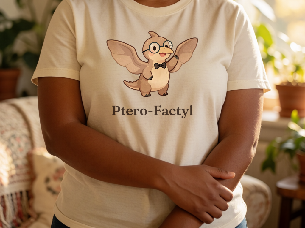 Ptero-Factyl pterodactyl t-shirt worn by model, cottagecore
