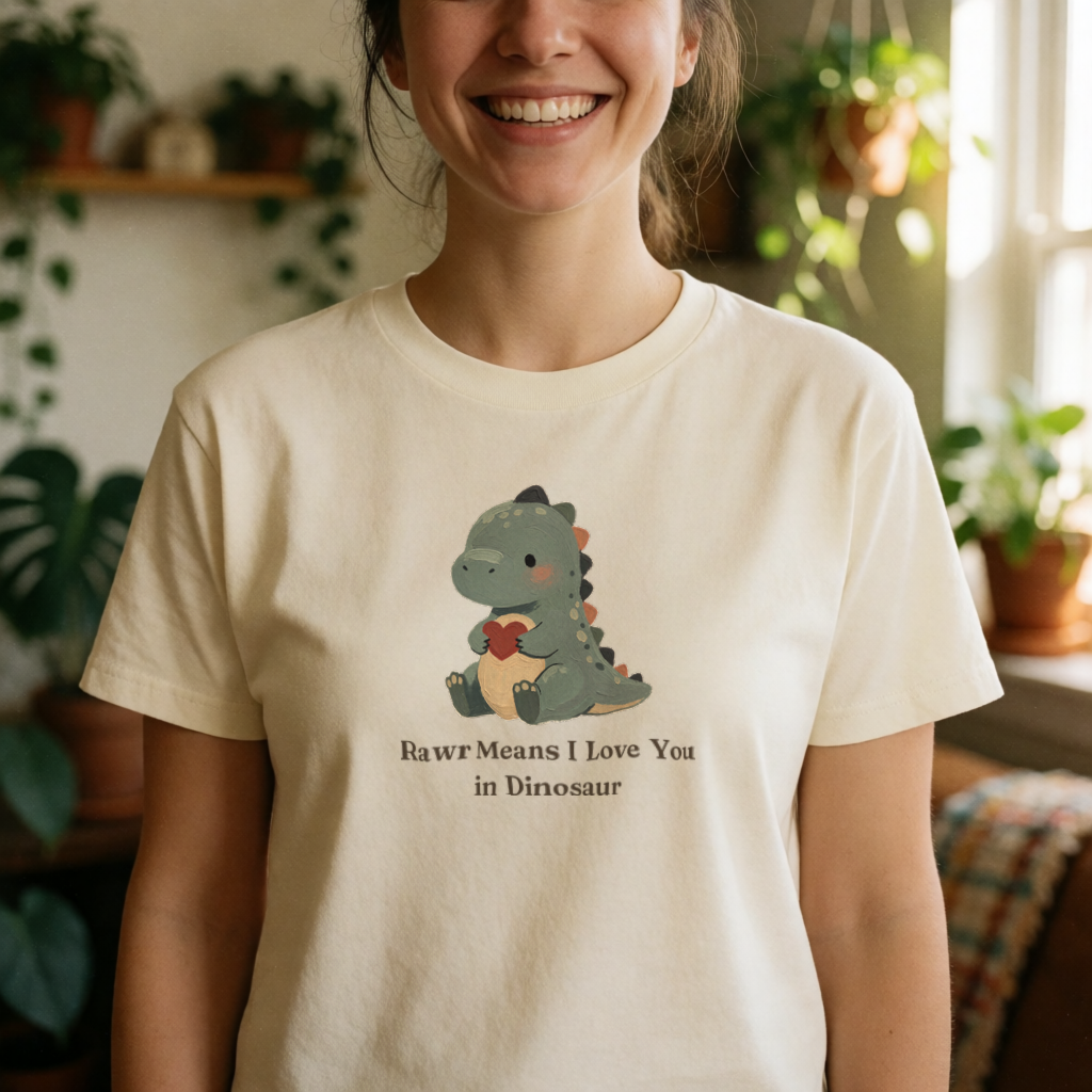 Rawr Means I Love You dinosaur tee on model
