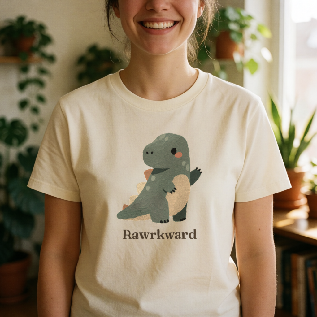 Rawrkward dinosaur tee on model