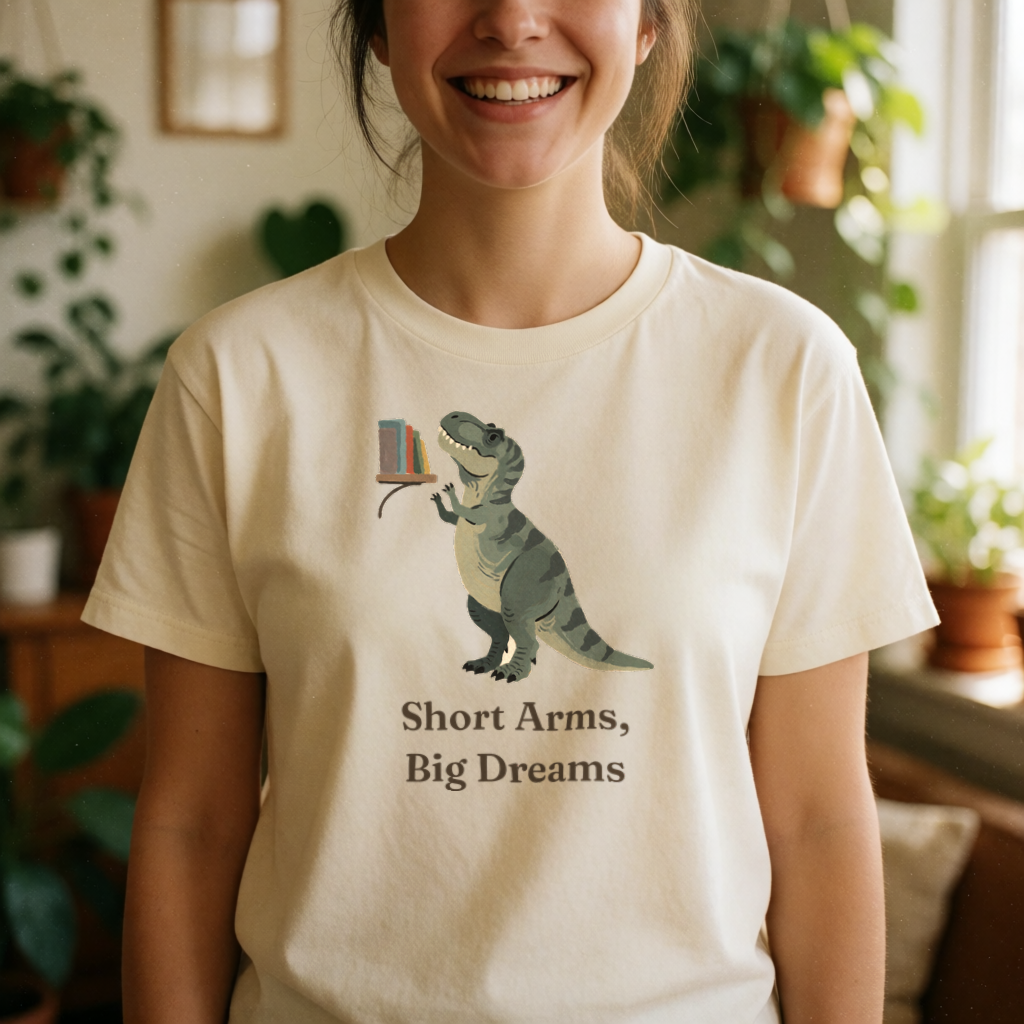 Short Arms, Big Dreams dinosaur tee on model