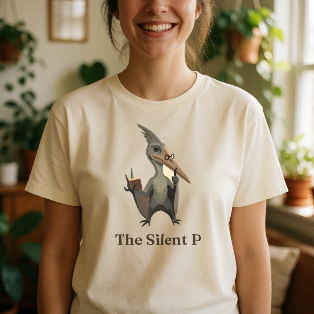 The Silent P dinosaur tee on model