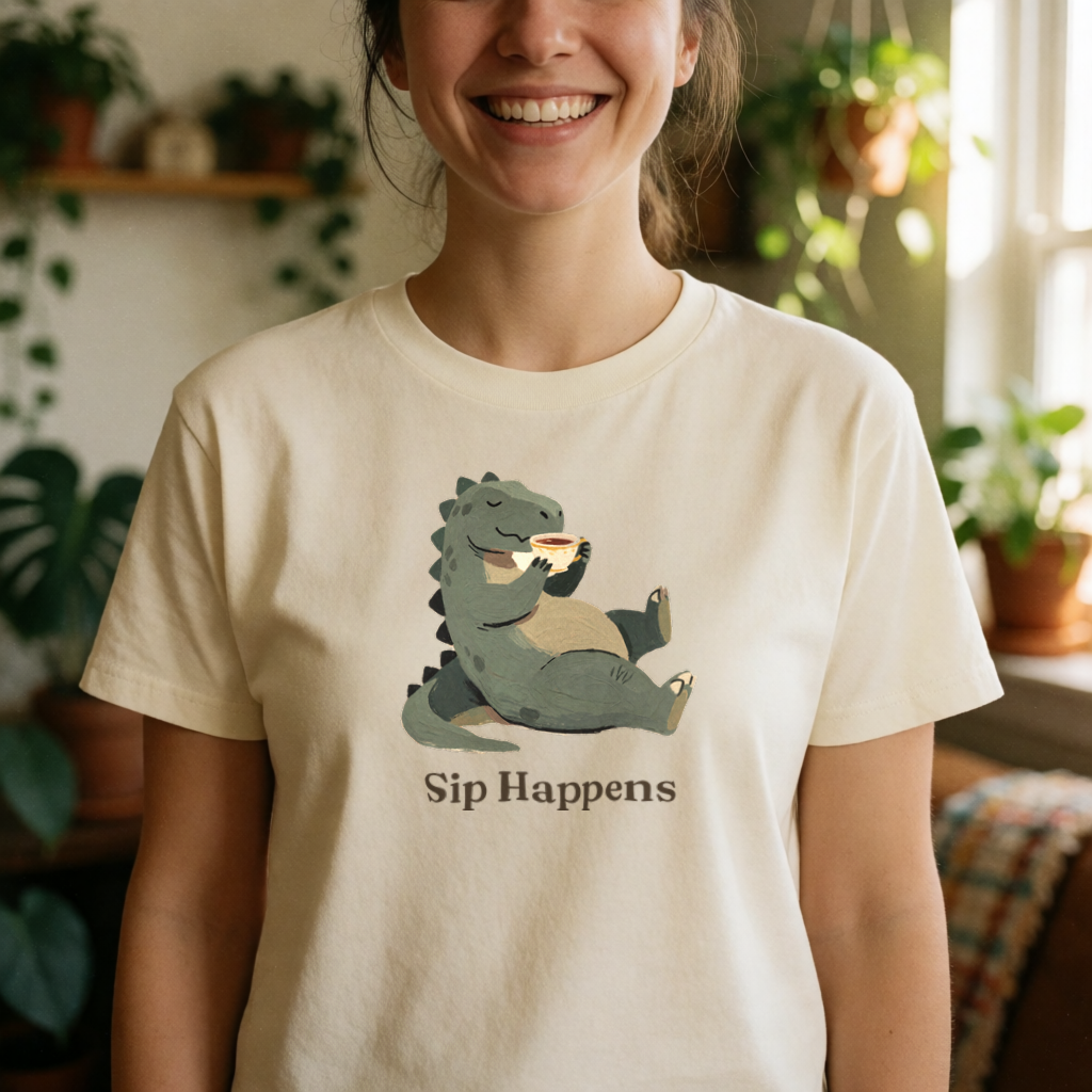 Sip Happens dinosaur tee on model