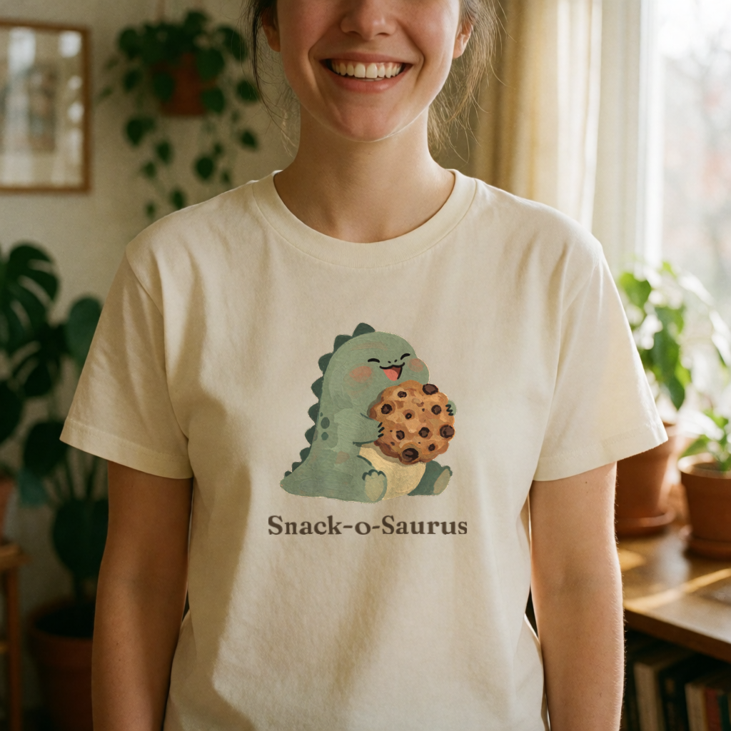 Snack-o-Saurus dinosaur tee on model