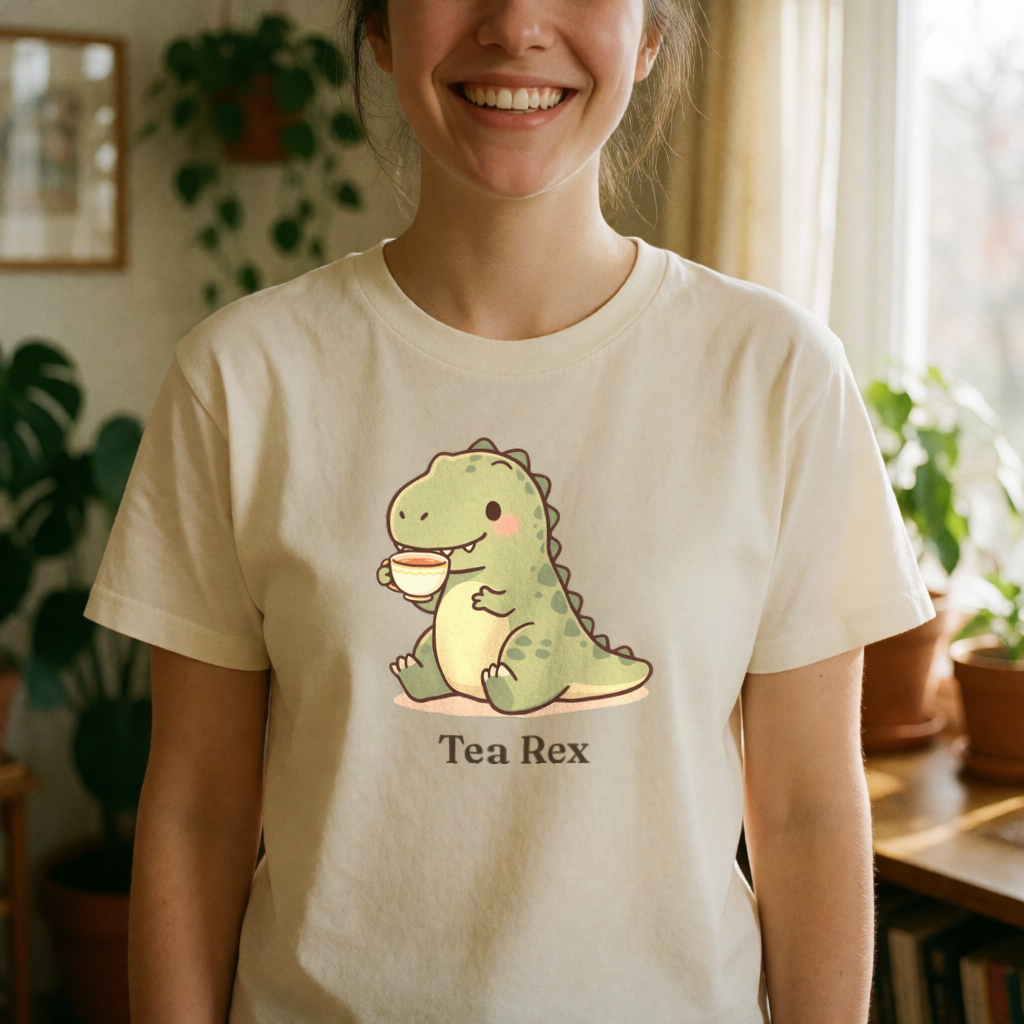 Tea Rex dinosaur tee on model
