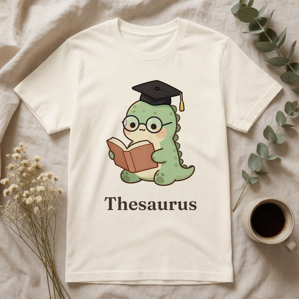 Thesaurus scholar dinosaur t-shirt flat-lay