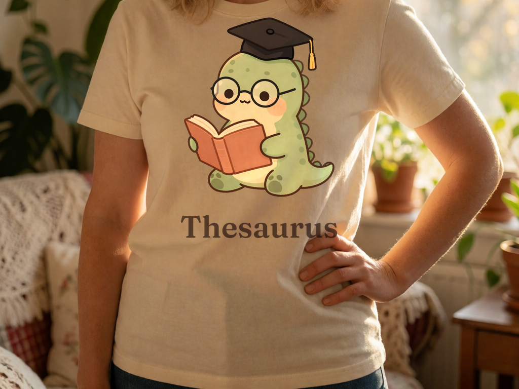 Thesaurus scholar dinosaur t-shirt worn by model, cottagecore