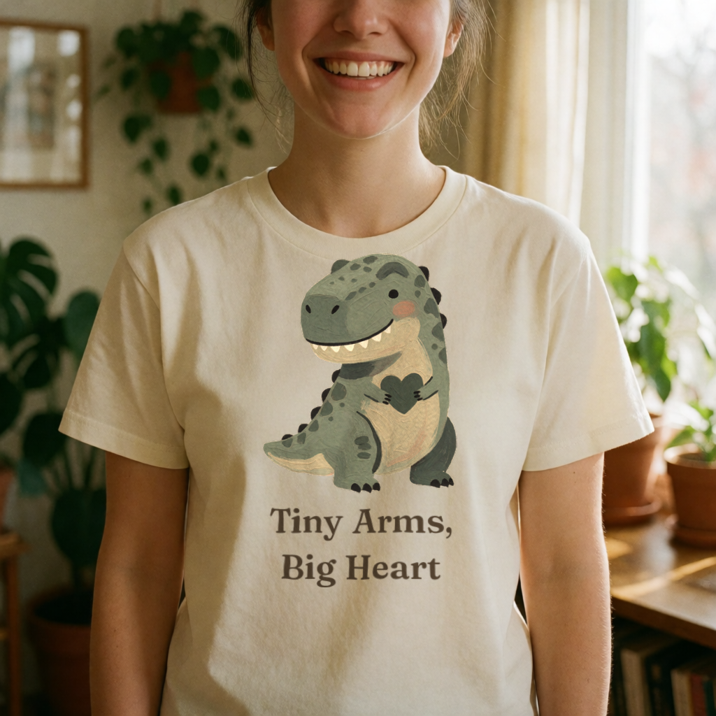 Tiny Arms, Big Heart dinosaur tee on model