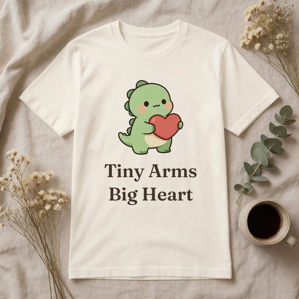 Tiny Arms Big Heart T-rex t-shirt flat-lay