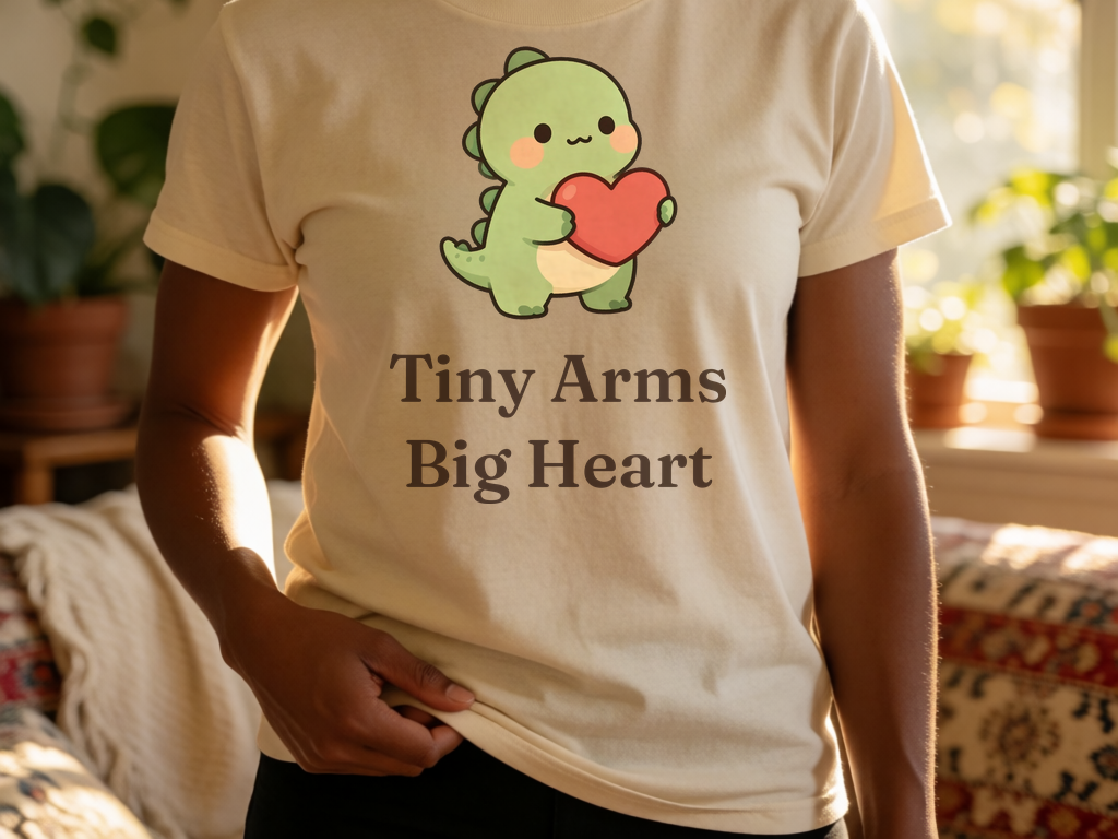 Tiny Arms Big Heart T-rex t-shirt worn by model, cottagecore