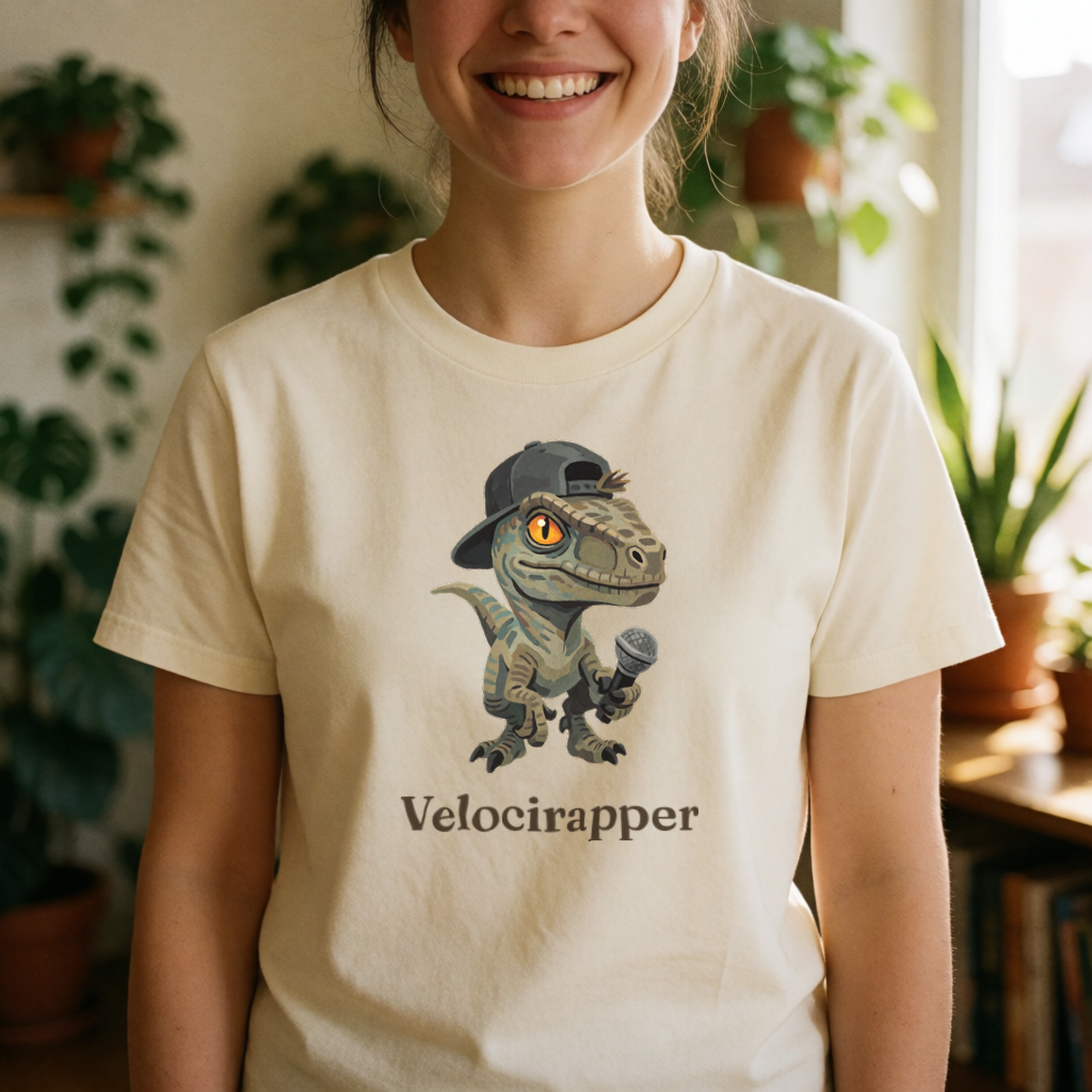 Velocirapper dinosaur tee on model
